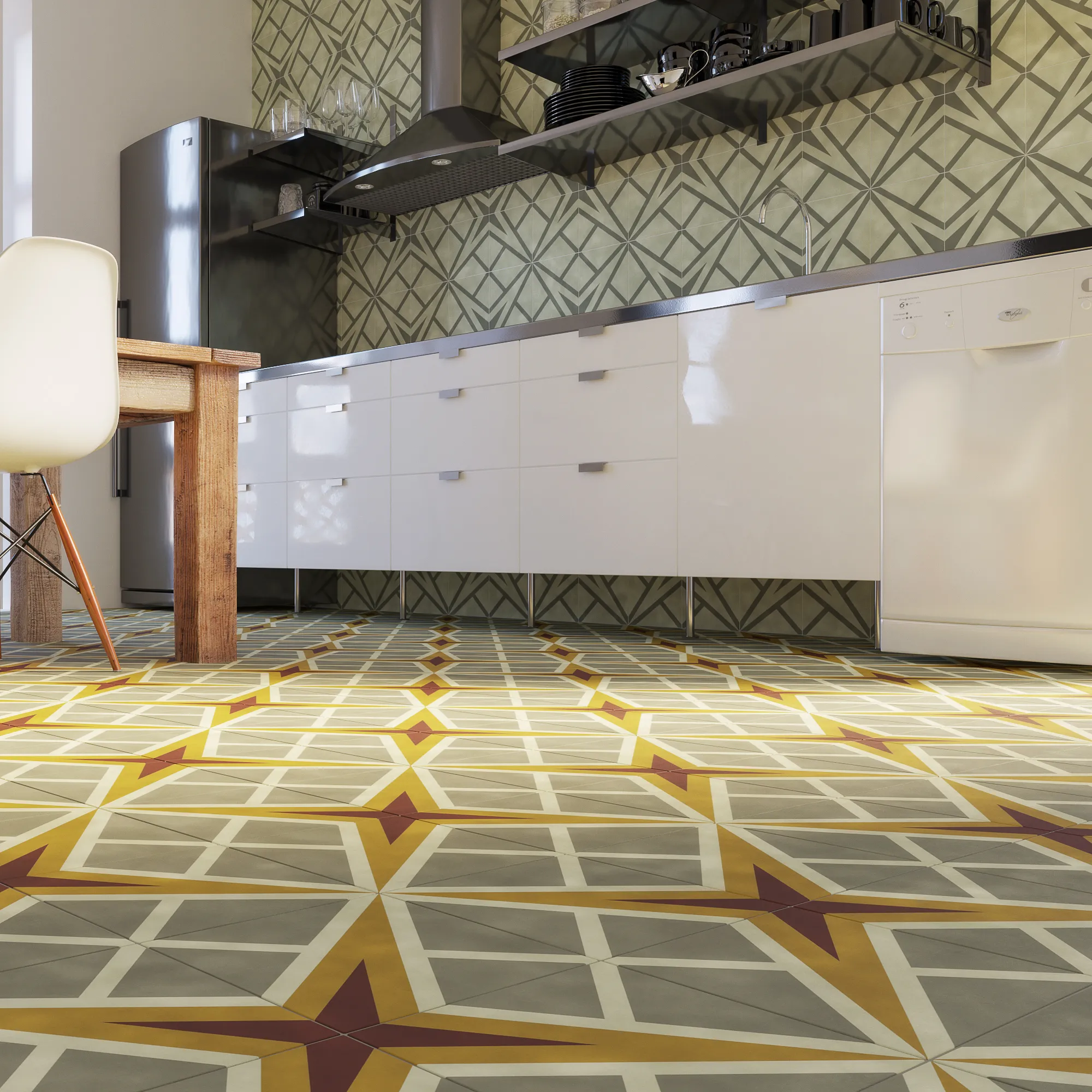 Cozinha com piso de ladrilhos hidráulicos geométricos em amarelo, cinza e vinho